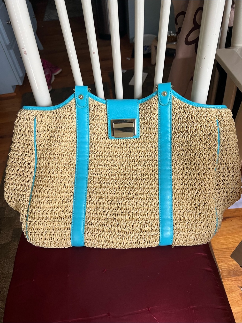 Talbots Paper Straw Woven Bag/Purse With 100% Leather Trim Gold Accents
